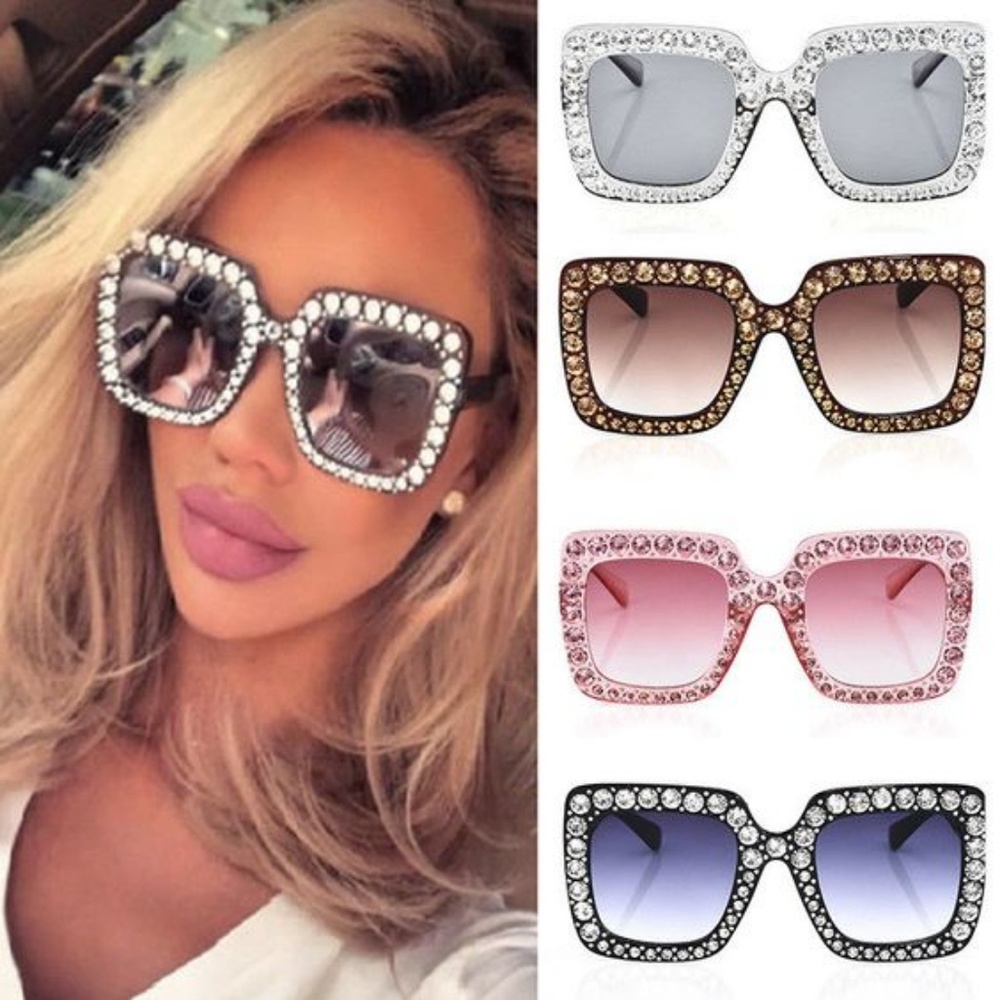 Pink Square Rhinestone Detail Tinted Sunglasses - Picture 3 of 8